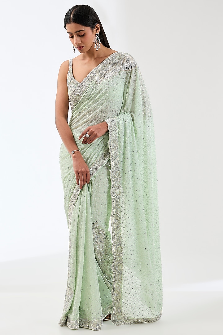 Aqua Georgette Bead Work Saree Set by Rabani & Rakha at Pernia's Pop Up Shop