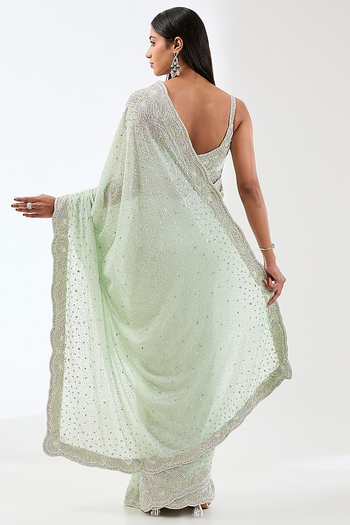 Aqua Georgette Bead Work Reception Saree Set by Rabani & Rakha at Pernia's Pop Up Shop