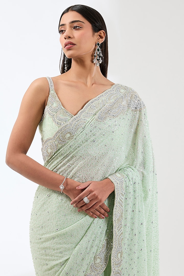 Aqua Georgette Bead Work Reception Saree Set by Rabani & Rakha at Pernia's Pop Up Shop