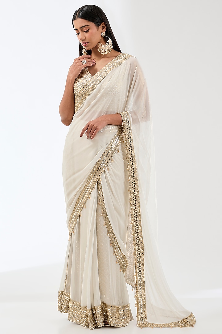 Ivory Georgette Zari & Sequins Embroidered Pre-Stitched Palazzo Saree Set by Rabani & Rakha at Pernia's Pop Up Shop