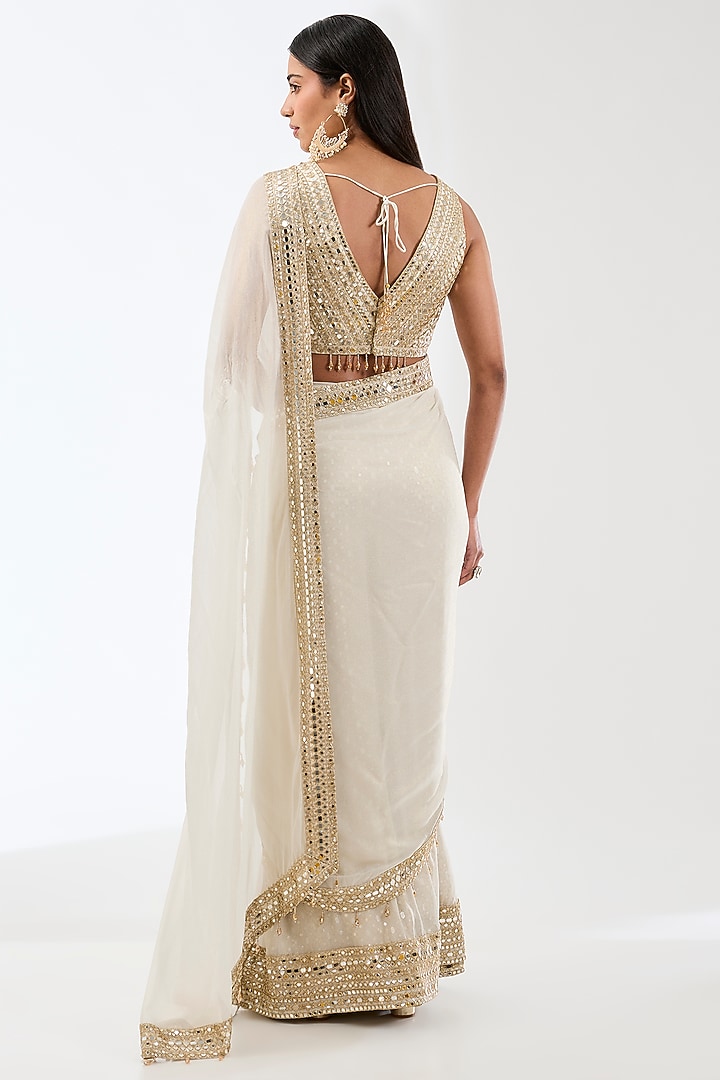 Ivory Georgette Zari & Sequins Embroidered Pre-Stitched Palazzo Reception Saree Set by Rabani & Rakha at Pernia's Pop Up Shop