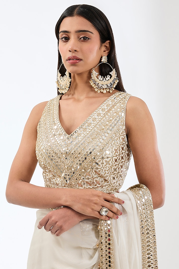 Ivory Georgette Zari & Sequins Embroidered Pre-Stitched Palazzo Reception Saree Set by Rabani & Rakha at Pernia's Pop Up Shop