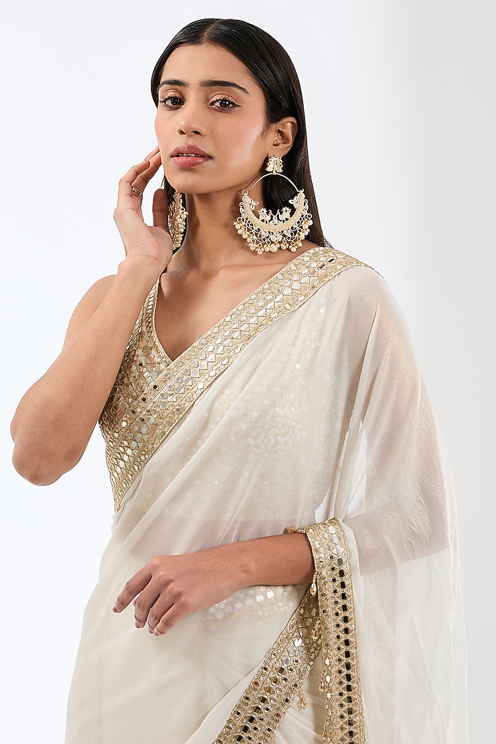 Ivory Georgette Zari & Sequins Embroidered Pre-Stitched Palazzo Reception Saree Set by Rabani & Rakha at Pernia's Pop Up Shop