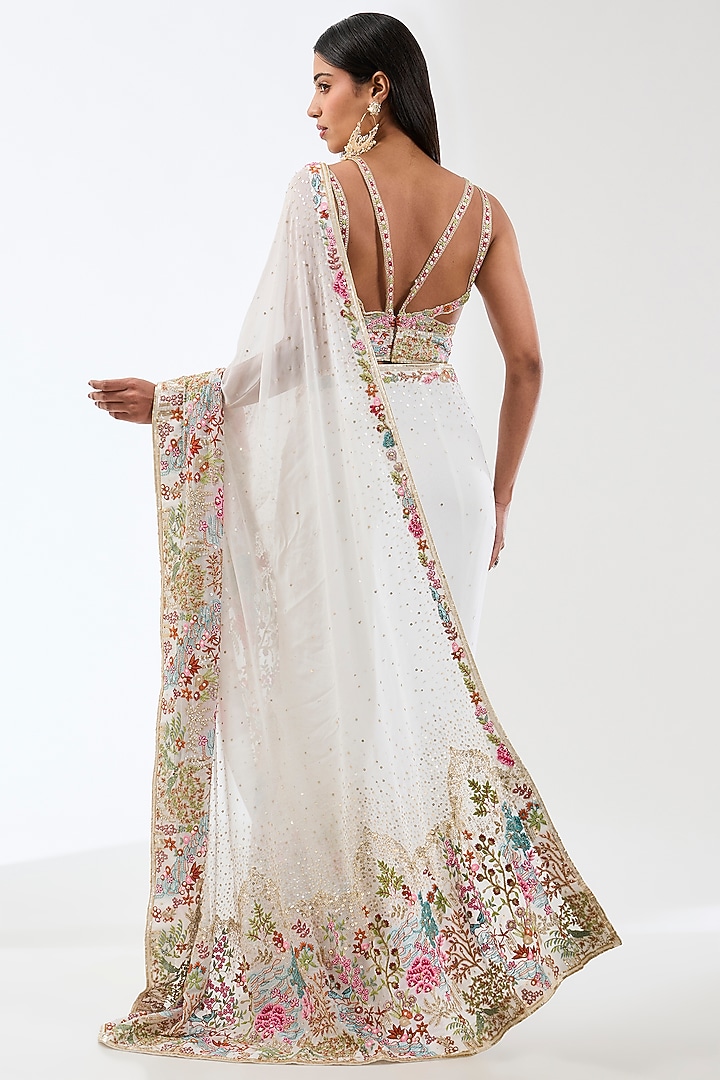 Ivory Georgette Thread Embroidered Pre-Stitched Reception Saree Set by Rabani & Rakha at Pernia's Pop Up Shop