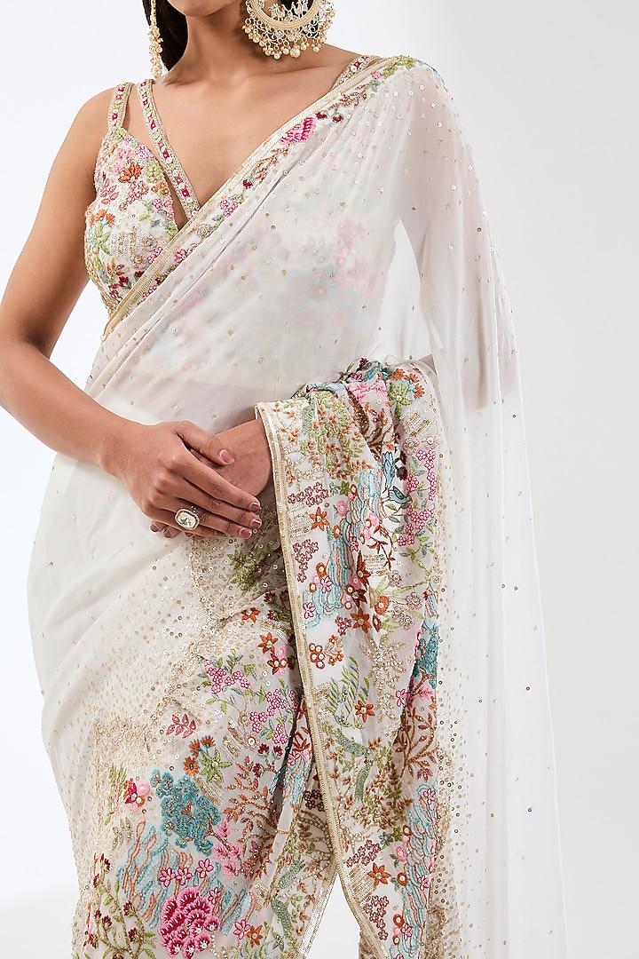 Ivory Georgette Thread Embroidered Pre-Stitched Reception Saree Set by Rabani & Rakha at Pernia's Pop Up Shop