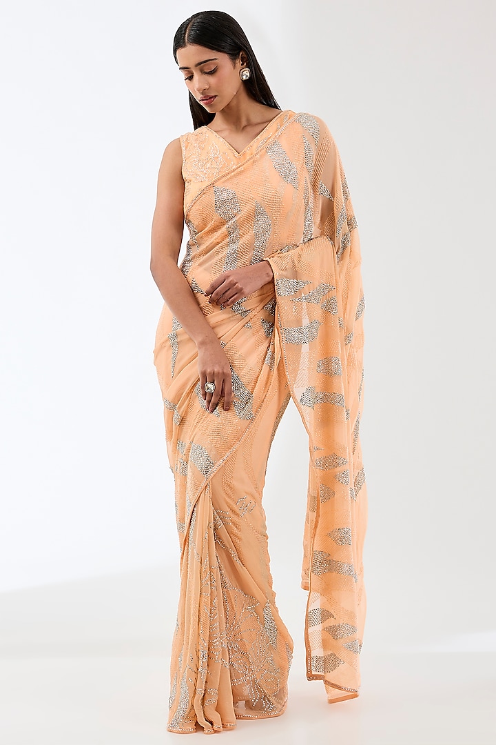 Peach Chiffon Hand Embroidered Saree Set by Rabani & Rakha at Pernia's Pop Up Shop