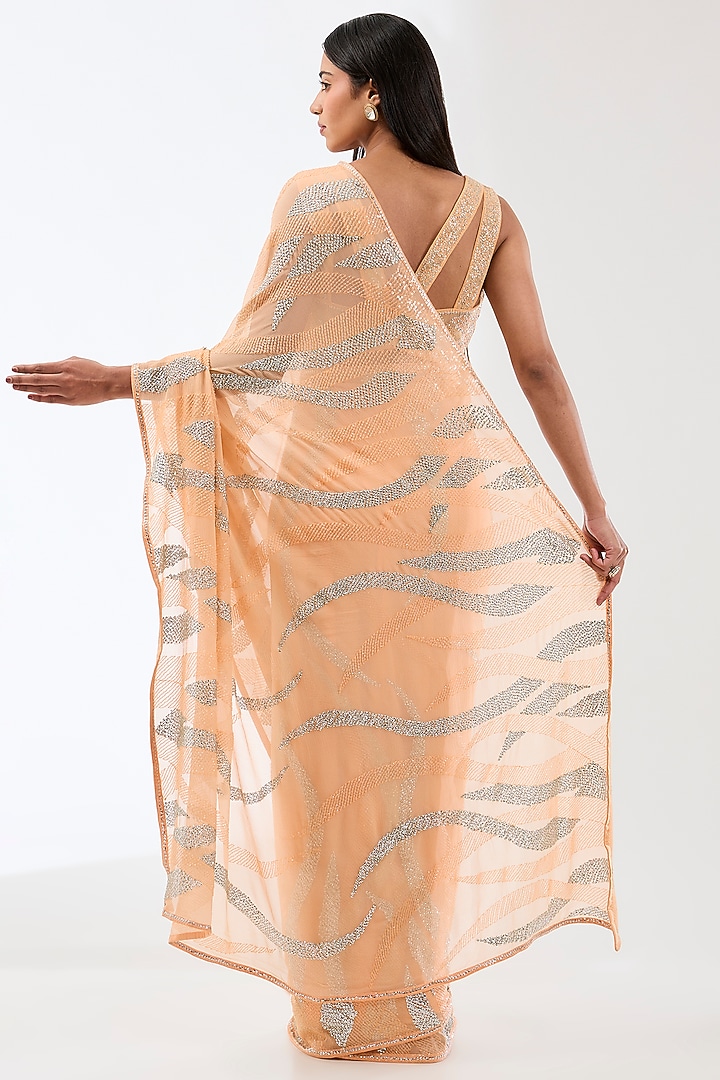 Peach Chiffon Hand Embroidered Reception Saree Set by Rabani & Rakha at Pernia's Pop Up Shop