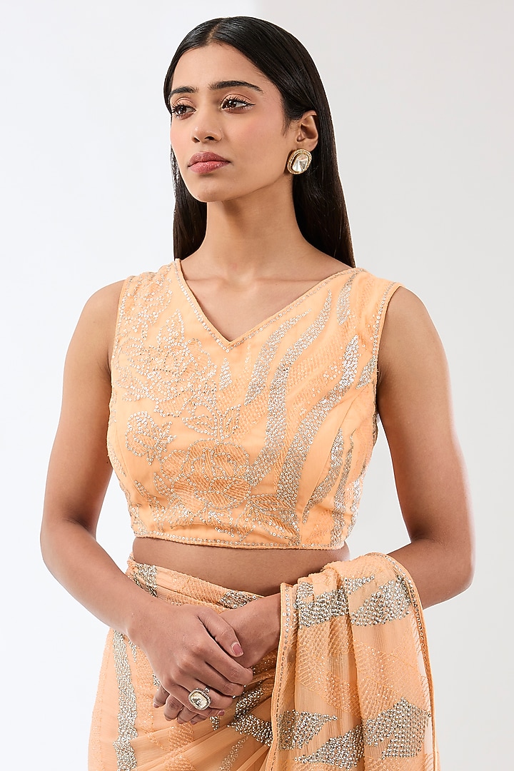 Peach Chiffon Hand Embroidered Reception Saree Set by Rabani & Rakha at Pernia's Pop Up Shop