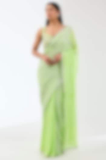 Mint Green Georgette Hand Embroidered Saree Set by Rabani & Rakha at Pernia's Pop Up Shop