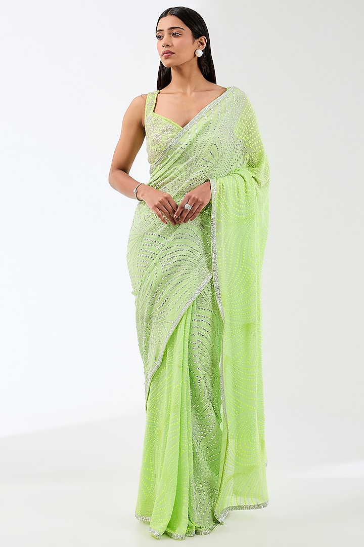 Mint Green Georgette Hand Embroidered Saree Set by Rabani & Rakha at Pernia's Pop Up Shop