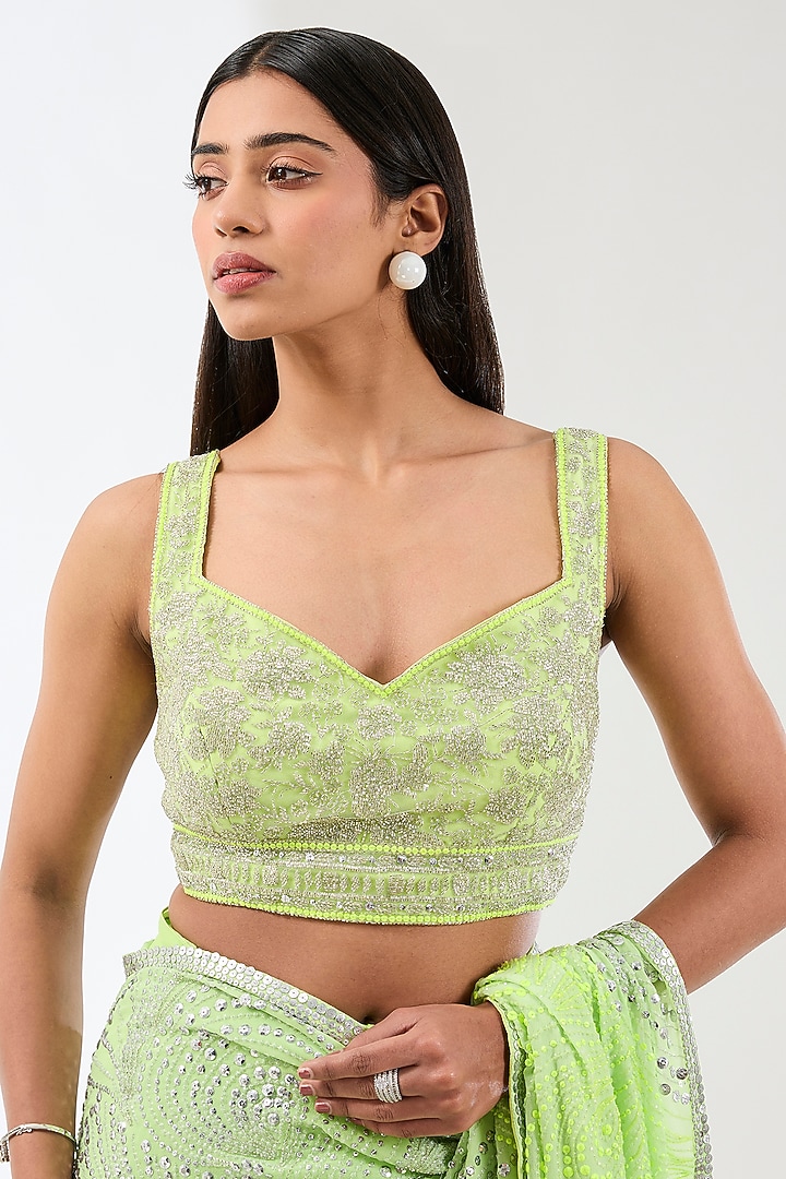 Mint Green Georgette Hand Embroidered Reception Saree Set by Rabani & Rakha at Pernia's Pop Up Shop
