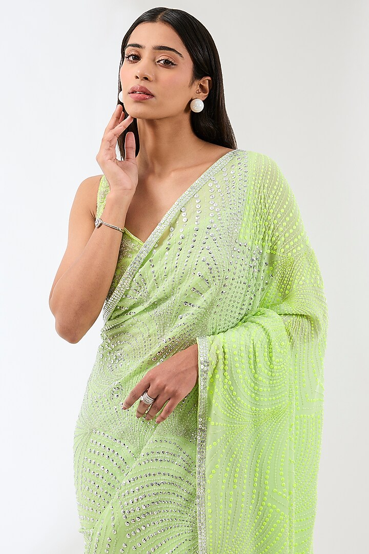 Mint Green Georgette Hand Embroidered Reception Saree Set by Rabani & Rakha at Pernia's Pop Up Shop