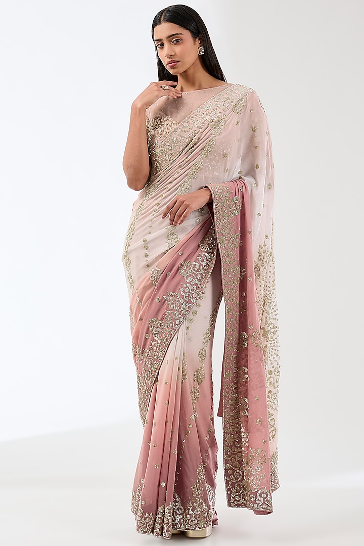 Old Rose Pink Georgette Hand Embroidered Reception Saree Set by Rabani & Rakha at Pernia's Pop Up Shop