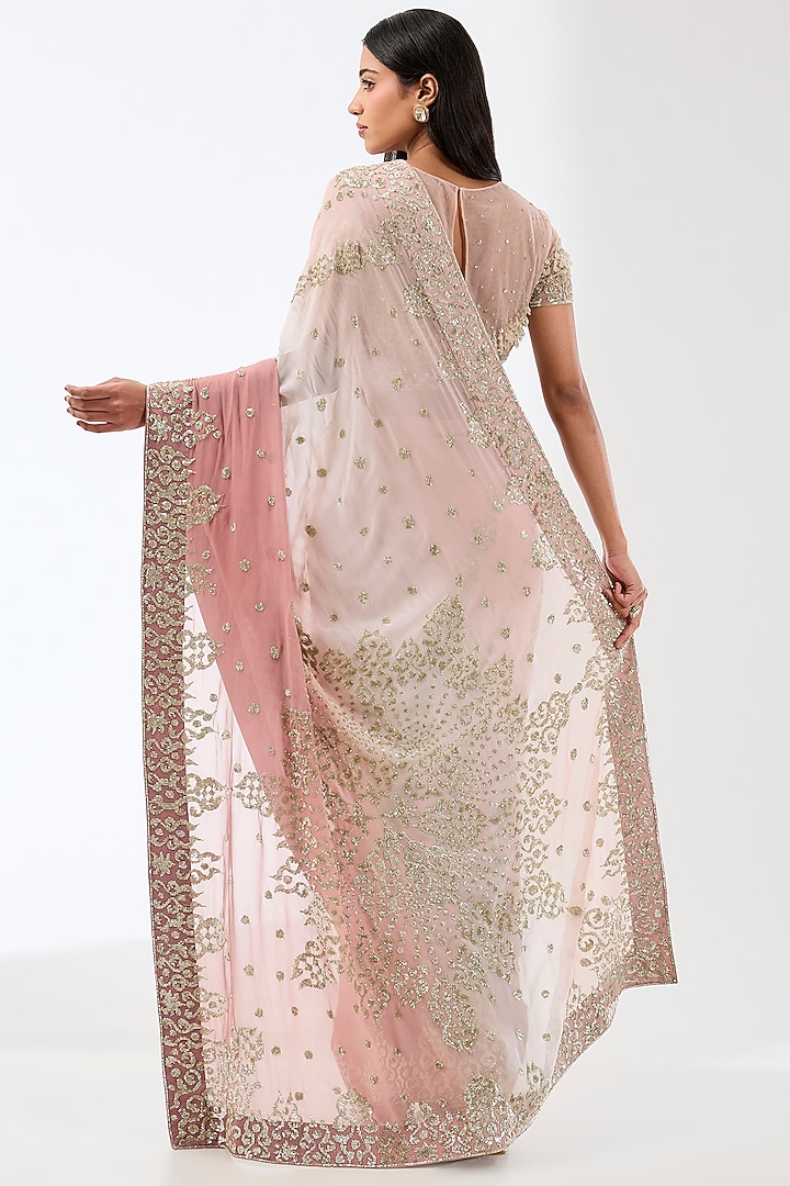 Old Rose Pink Georgette Hand Embroidered Reception Saree Set by Rabani & Rakha at Pernia's Pop Up Shop