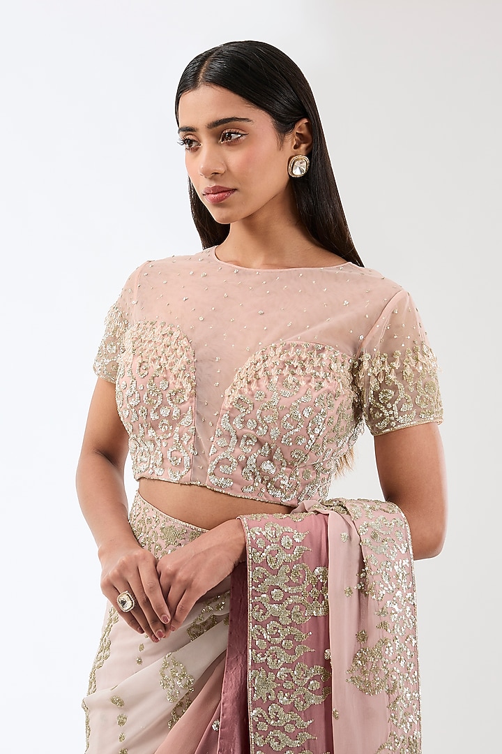 Old Rose Pink Georgette Hand Embroidered Reception Saree Set by Rabani & Rakha at Pernia's Pop Up Shop
