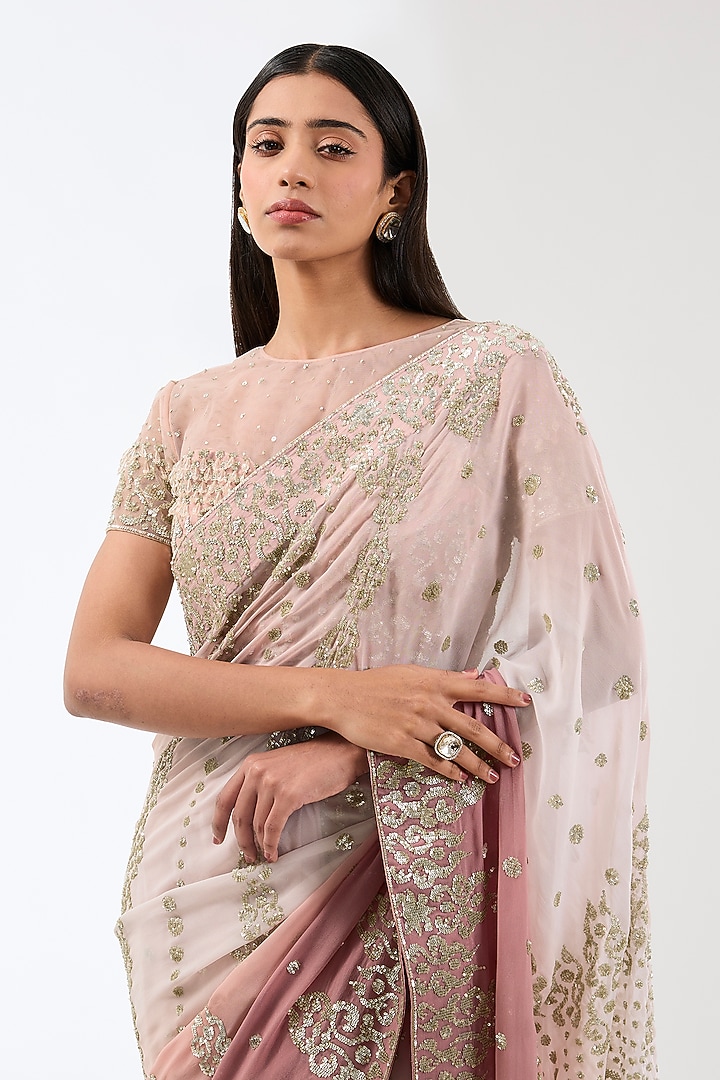 Old Rose Pink Georgette Hand Embroidered Reception Saree Set by Rabani & Rakha at Pernia's Pop Up Shop