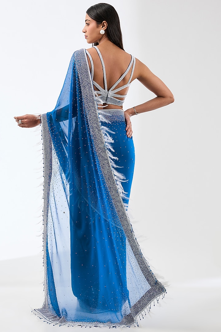 Blue Georgette Hand Embroidered Reception Saree Set by Rabani & Rakha at Pernia's Pop Up Shop