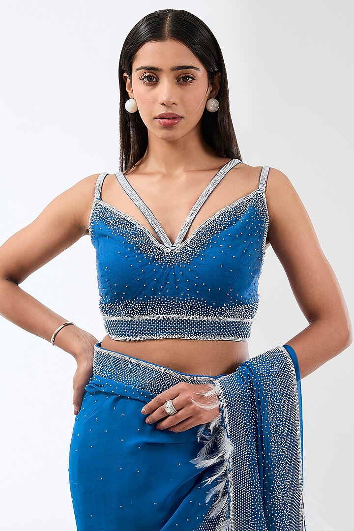 Blue Georgette Hand Embroidered Reception Saree Set by Rabani & Rakha at Pernia's Pop Up Shop