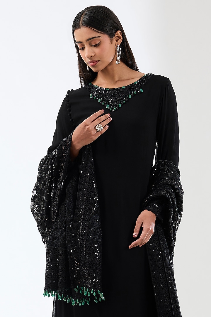 Black Georgette Hand Embroidered Kurta Set by Rabani & Rakha at Pernia's Pop Up Shop