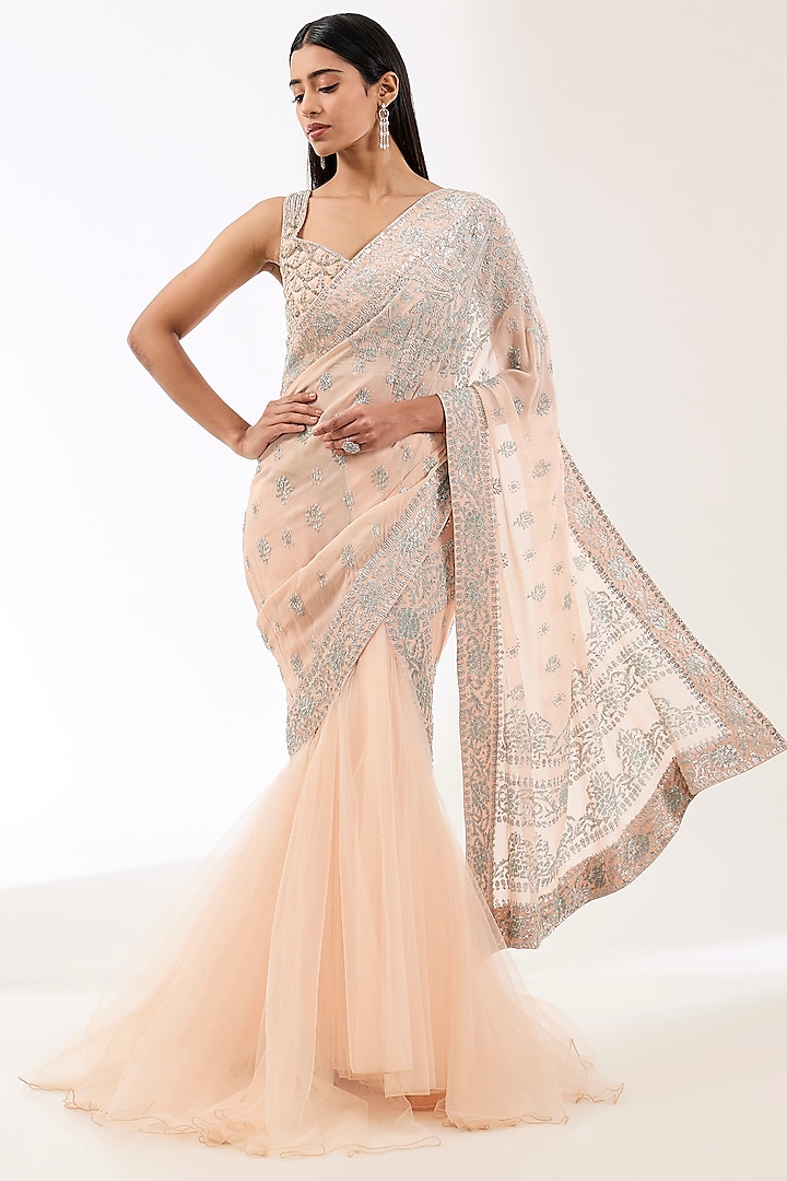 Blush Pink Georgette Hand Embroidered Lehenga Saree Set by Rabani & Rakha at Pernia's Pop Up Shop