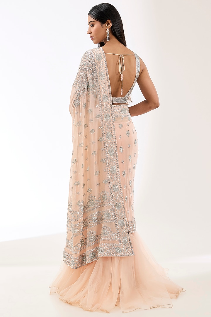 Blush Pink Georgette Hand Embroidered Reception Lehenga Saree Set by Rabani & Rakha at Pernia's Pop Up Shop