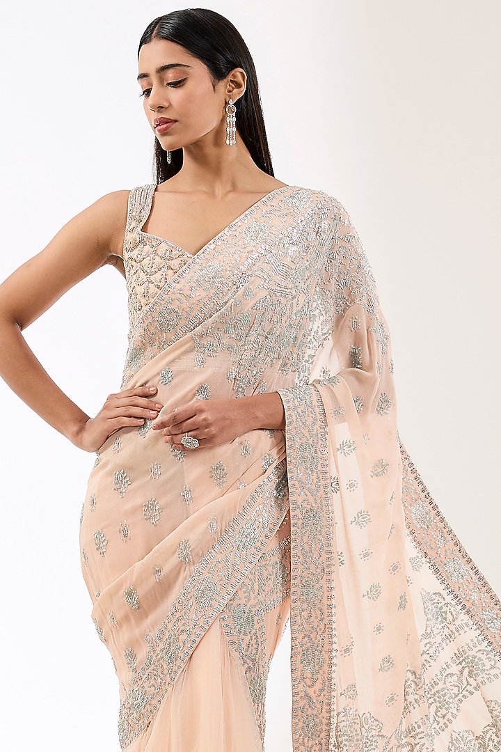 Blush Pink Georgette Hand Embroidered Reception Lehenga Saree Set by Rabani & Rakha at Pernia's Pop Up Shop