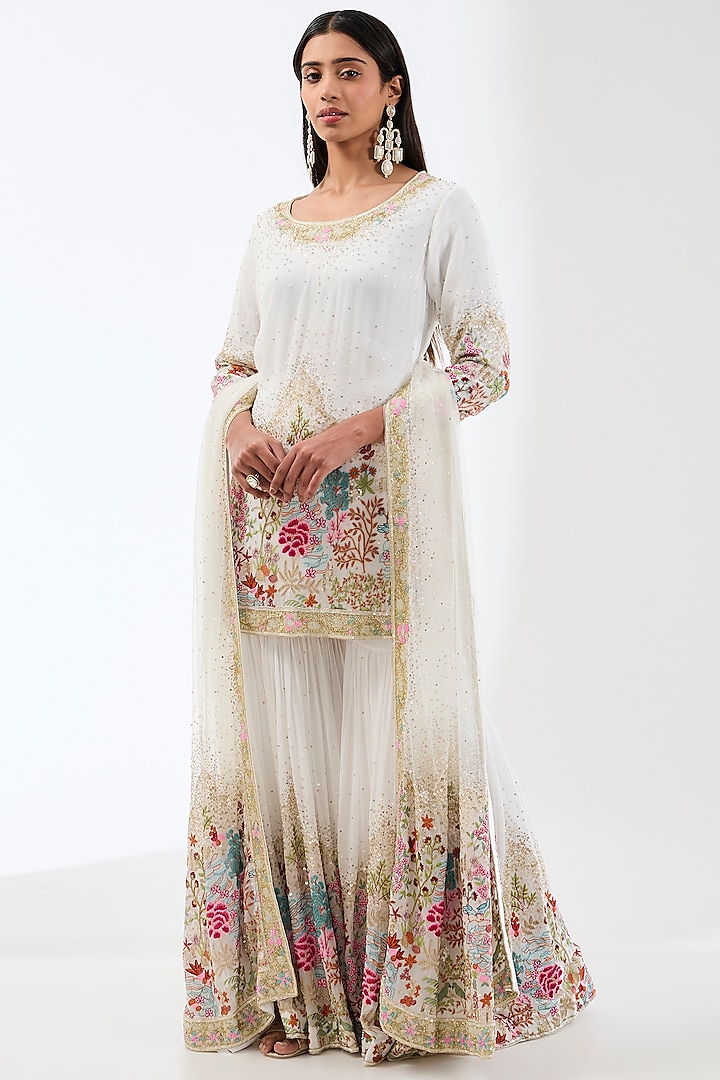 Ivory Georgette Thread Embroidered Gharara Set by Rabani & Rakha at Pernia's Pop Up Shop