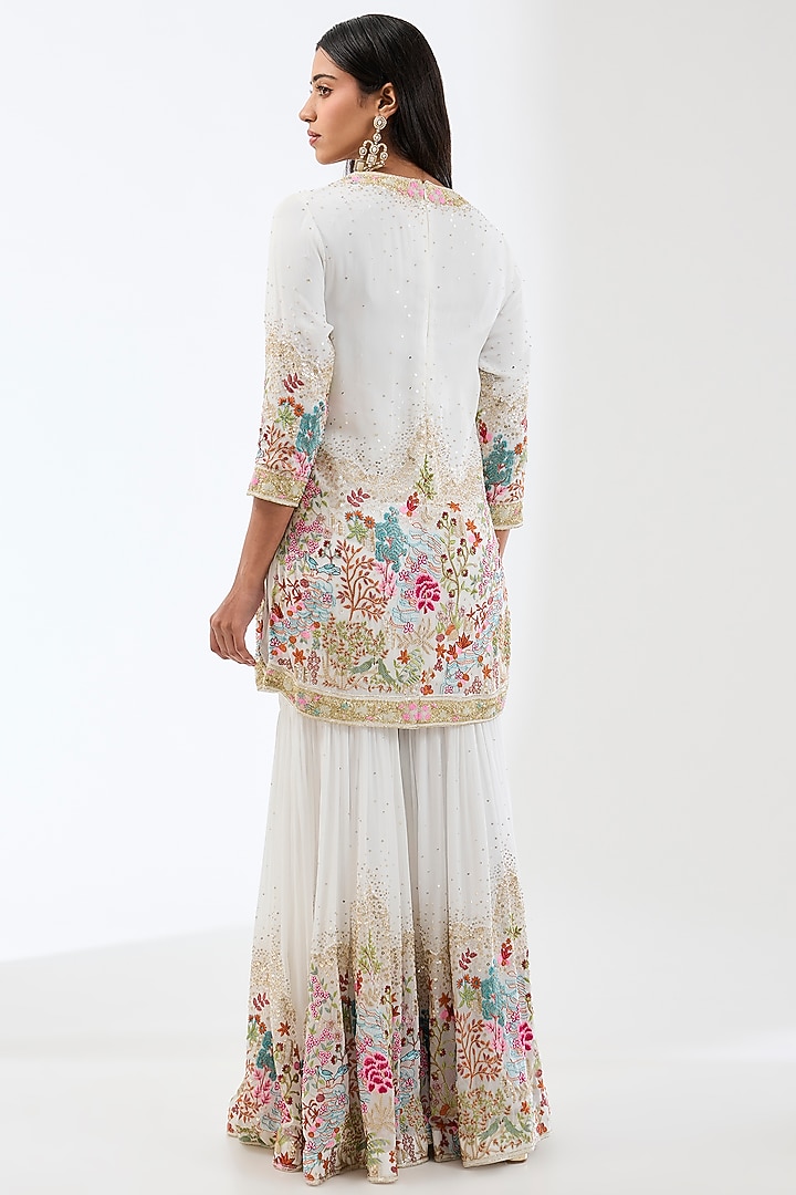 Ivory Georgette Thread Embroidered Gharara Set by Rabani & Rakha at Pernia's Pop Up Shop