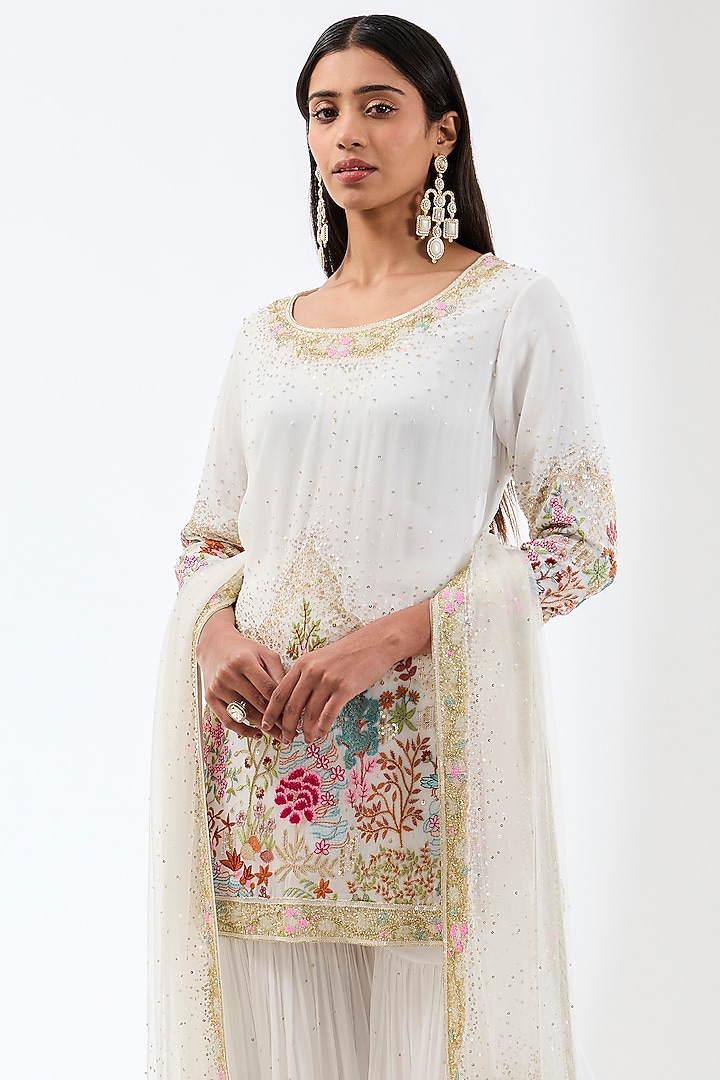 Ivory Georgette Thread Embroidered Gharara Set by Rabani & Rakha at Pernia's Pop Up Shop