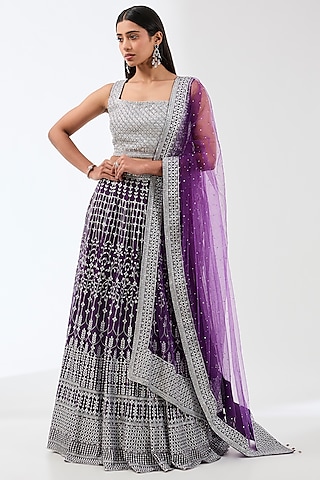 Purple Georgette Silver Metal Thread Embroidered Lehenga Set by Rabani & Rakha