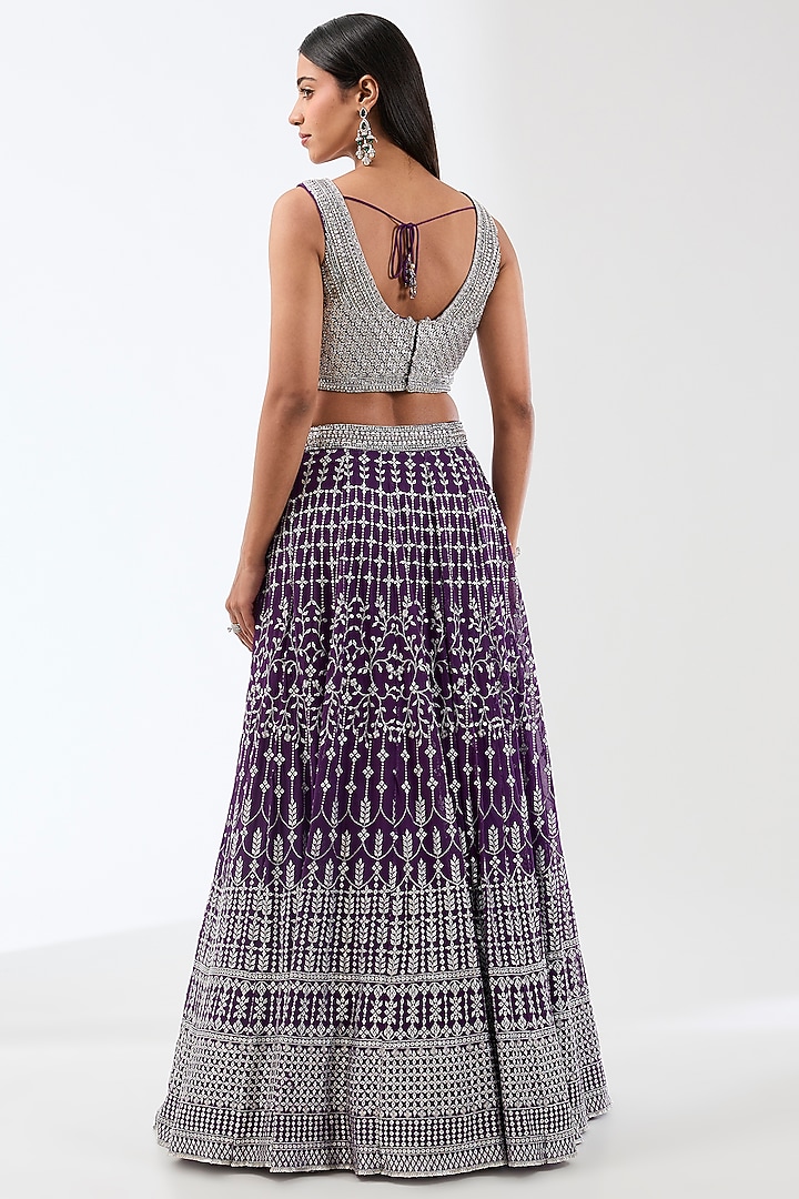 Purple Georgette Silver Metal Thread Embroidered Bridal Lehenga Set by Rabani & Rakha at Pernia's Pop Up Shop