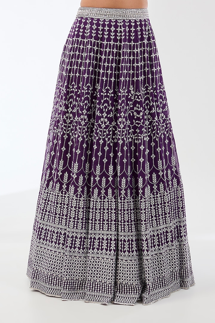 Purple Georgette Silver Metal Thread Embroidered Bridal Lehenga Set by Rabani & Rakha at Pernia's Pop Up Shop