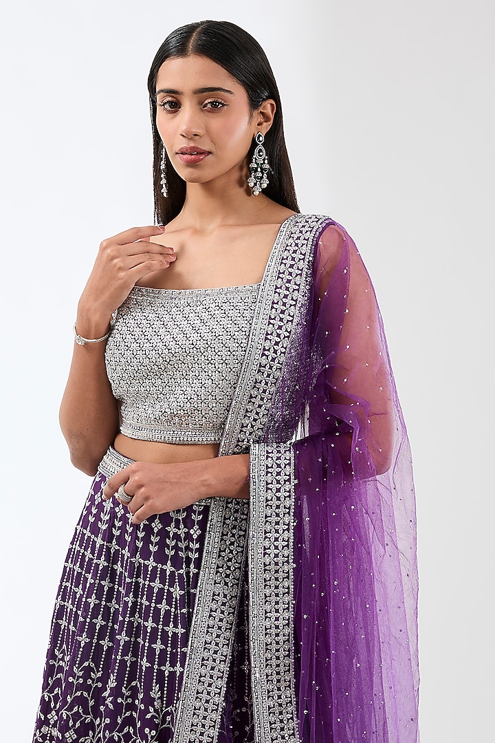 Purple Georgette Silver Metal Thread Embroidered Bridal Lehenga Set by Rabani & Rakha at Pernia's Pop Up Shop