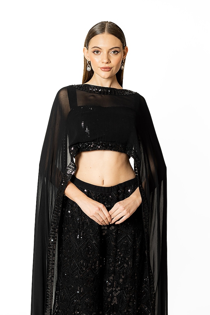 Black Georgette & Net Thread Embroidered Bridal Sharara Set by Rabani & Rakha at Pernia's Pop Up Shop