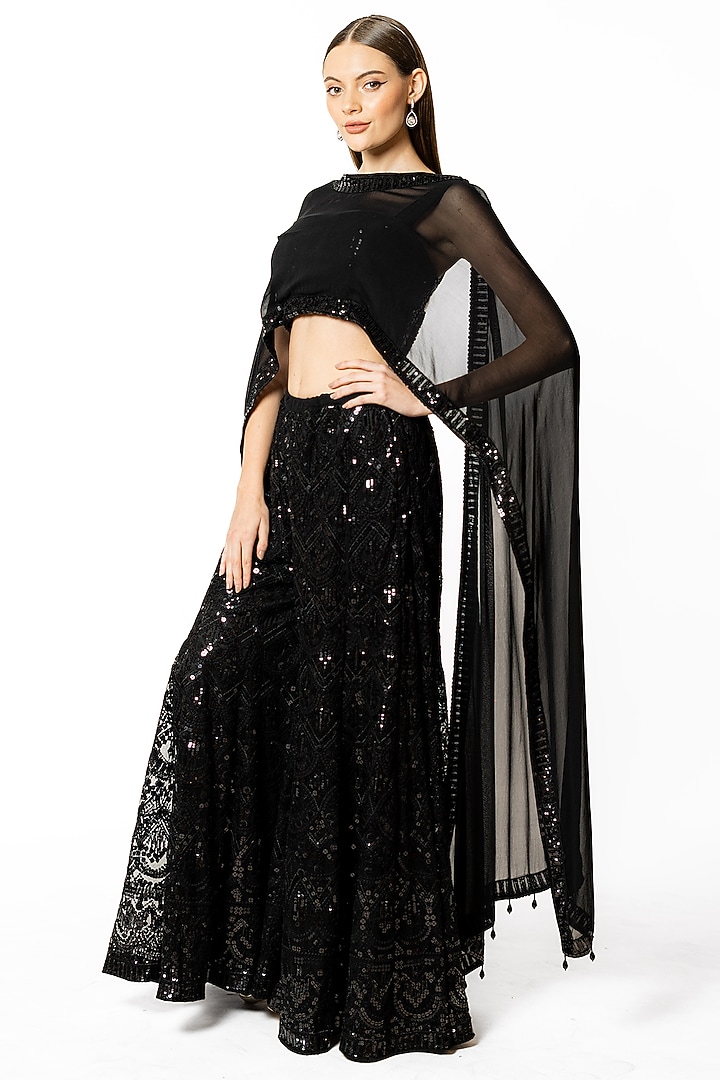 Black Georgette & Net Thread Embroidered Bridal Sharara Set by Rabani & Rakha at Pernia's Pop Up Shop
