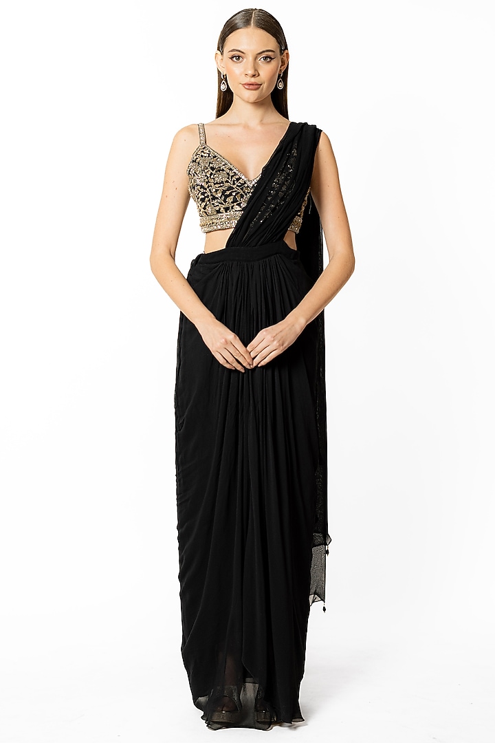 Black Georgette Skirt Wedding Saree Set by Rabani & Rakha at Pernia's Pop Up Shop