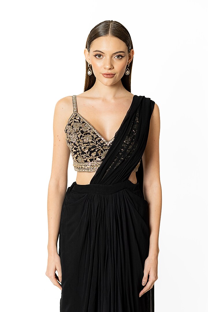 Black Georgette Skirt Wedding Saree Set by Rabani & Rakha at Pernia's Pop Up Shop