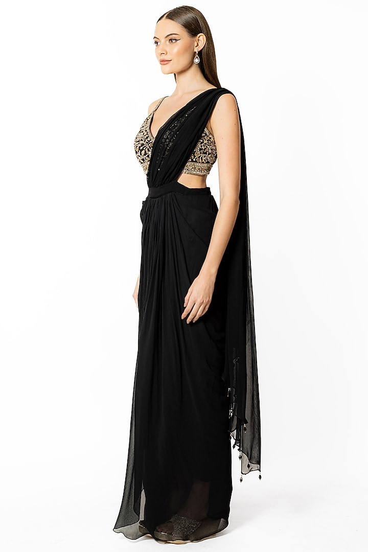 Black Georgette Skirt Wedding Saree Set by Rabani & Rakha at Pernia's Pop Up Shop