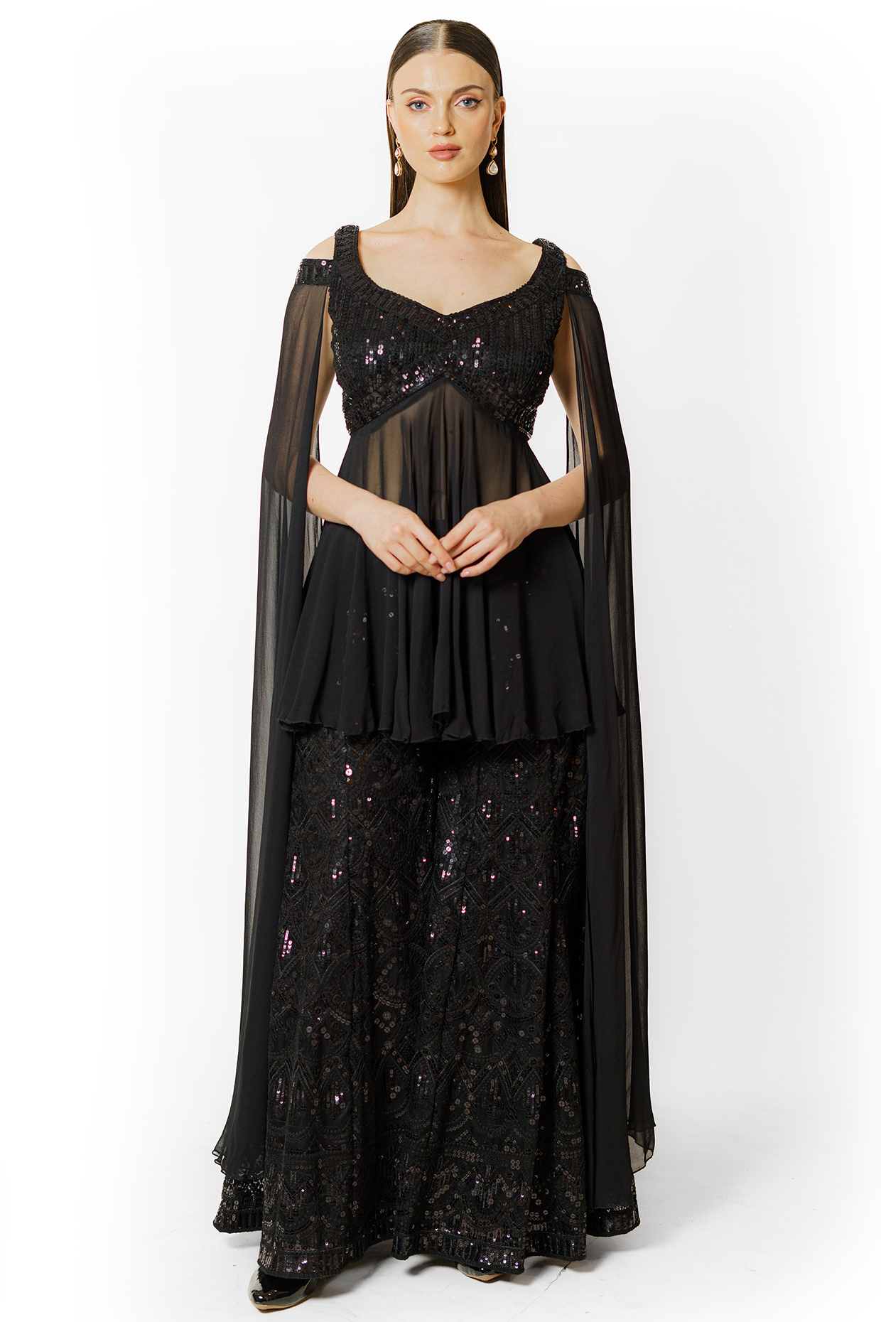 Black Georgette & Net Thread Embroidered Bridal Sharara Set by Rabani & Rakha at Pernia's Pop Up Shop