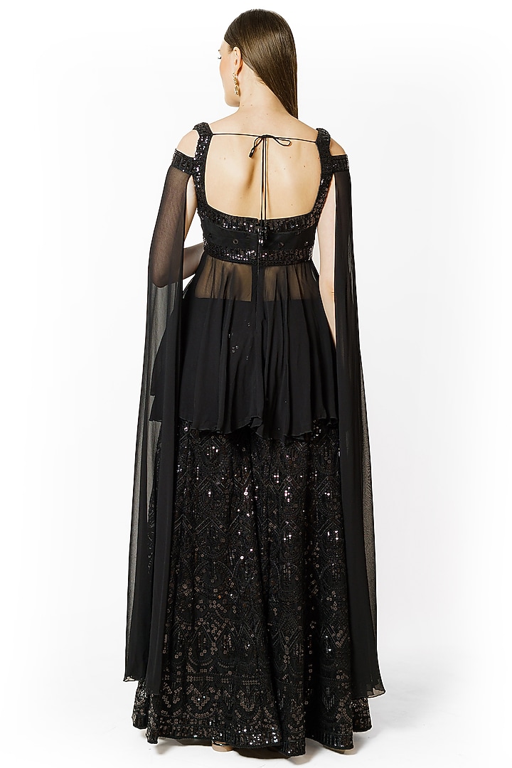 Black Georgette & Net Thread Embroidered Bridal Sharara Set by Rabani & Rakha at Pernia's Pop Up Shop