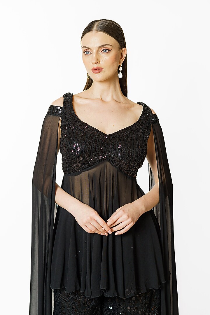 Black Georgette & Net Thread Embroidered Bridal Sharara Set by Rabani & Rakha at Pernia's Pop Up Shop