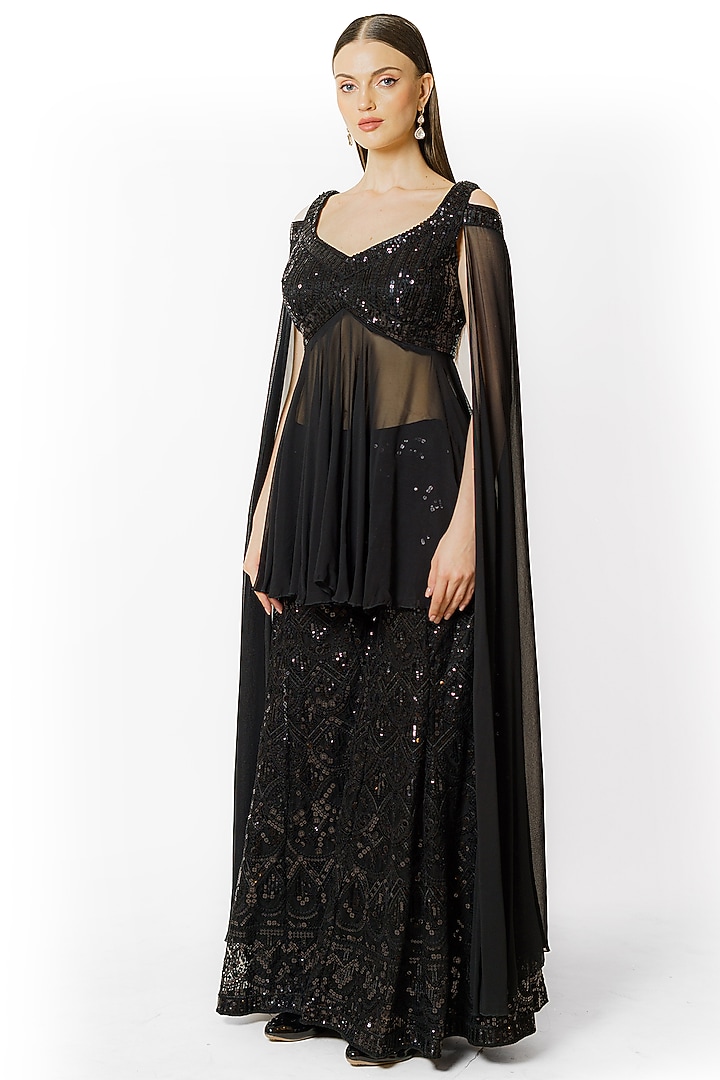 Black Georgette & Net Thread Embroidered Bridal Sharara Set by Rabani & Rakha at Pernia's Pop Up Shop