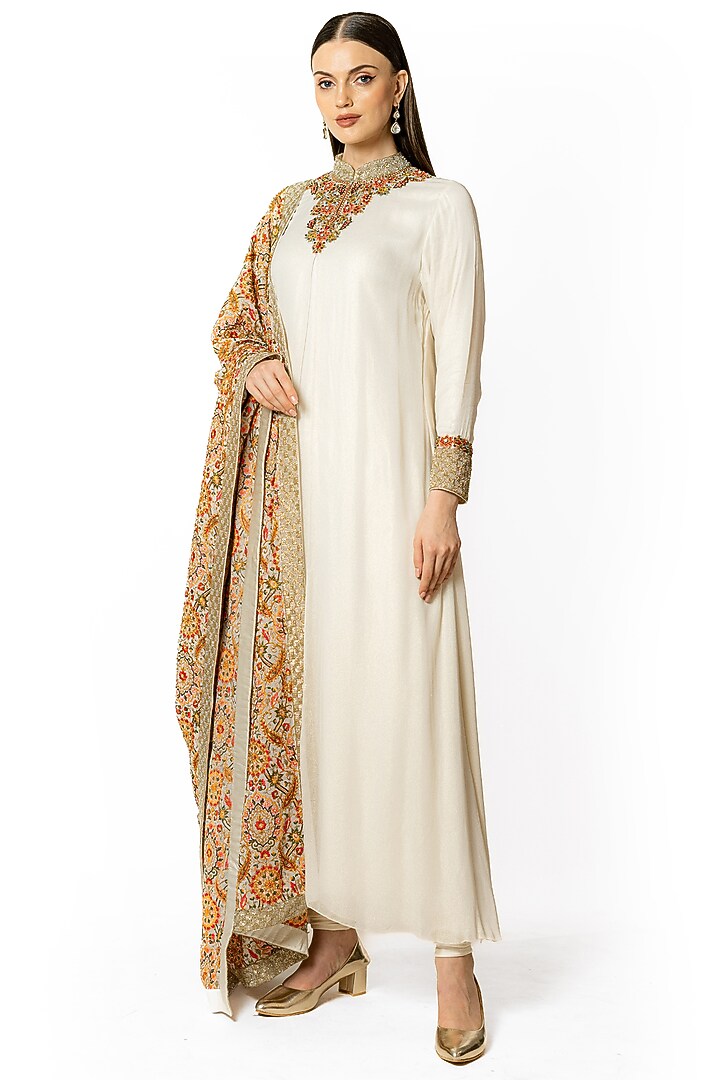 Ivory Georgette Thread Embroidered Kurta Set by Rabani & Rakha at Pernia's Pop Up Shop