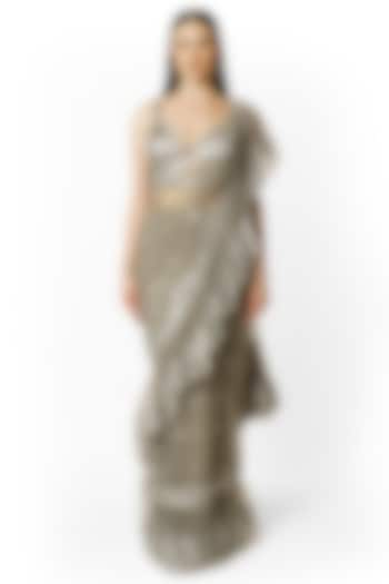 Silver Grey Georgette & Net Bead Embroidered Saree Set by Rabani & Rakha at Pernia's Pop Up Shop