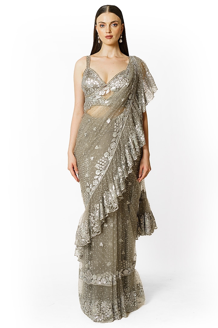 Silver Grey Georgette & Net Bead Embroidered Saree Set by Rabani & Rakha at Pernia's Pop Up Shop