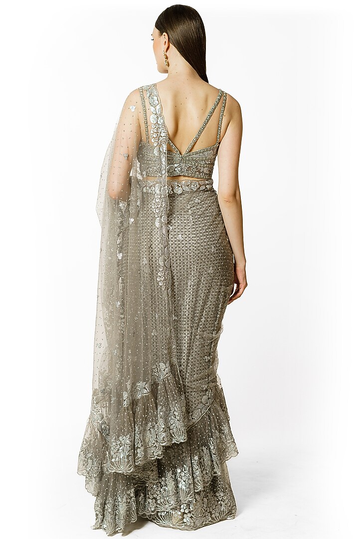 Silver Grey Georgette & Net Bead Embroidered Bridal Saree Set by Rabani & Rakha at Pernia's Pop Up Shop