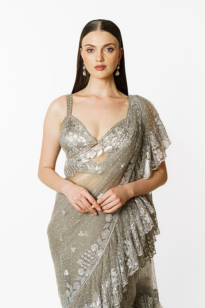 Silver Grey Georgette & Net Bead Embroidered Bridal Saree Set by Rabani & Rakha at Pernia's Pop Up Shop