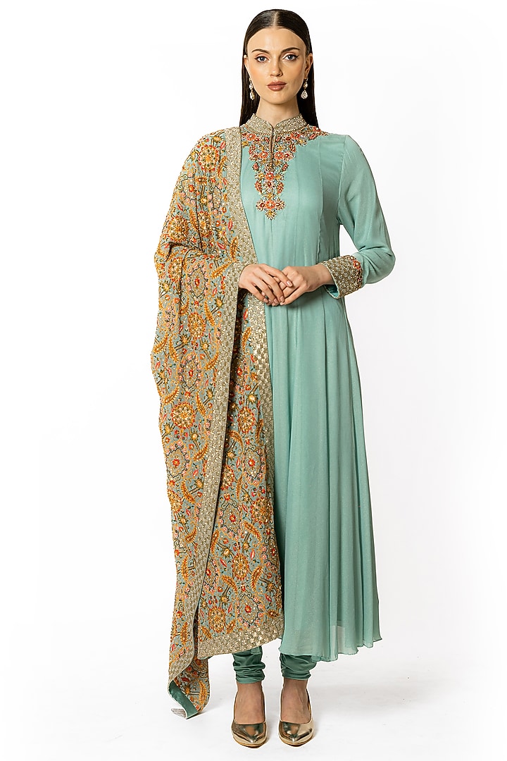 Aqua Georgette Thread Embroidered Kalidar Kurta Set by Rabani & Rakha at Pernia's Pop Up Shop