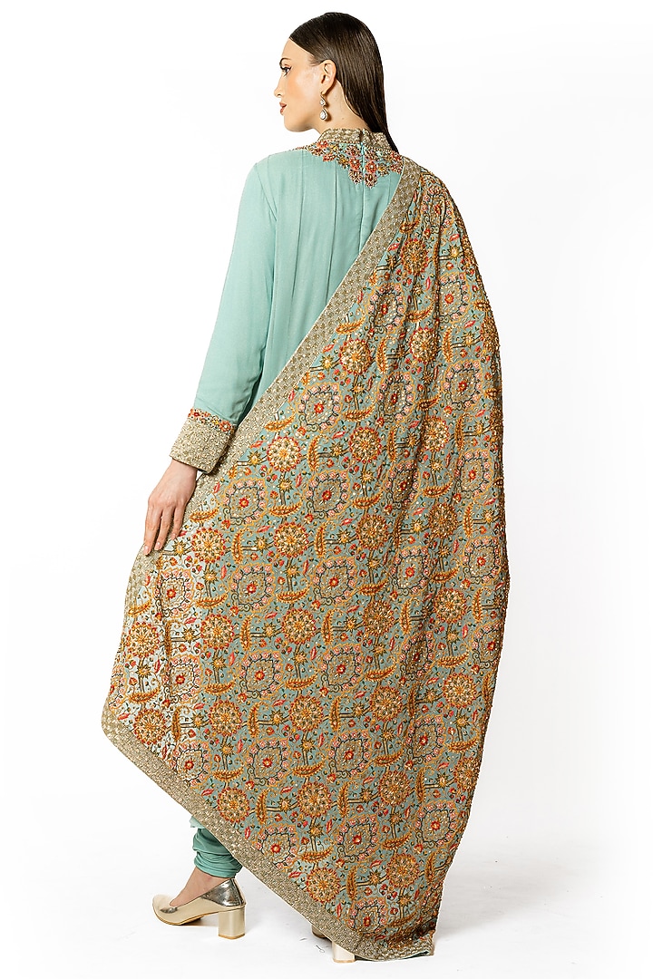 Aqua Georgette Thread Embroidered Kalidar Kurta Set by Rabani & Rakha at Pernia's Pop Up Shop