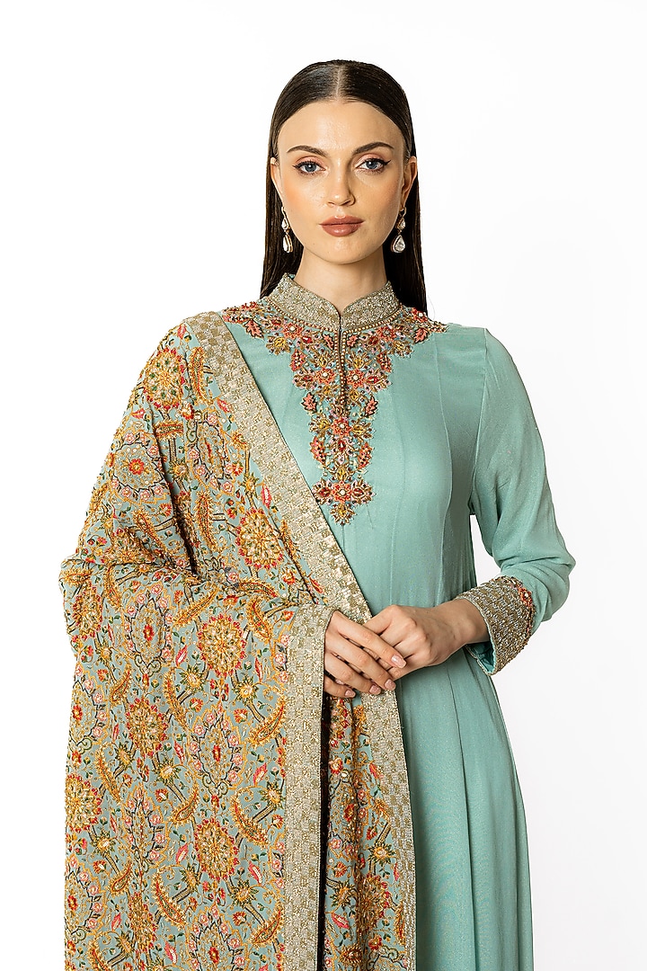 Aqua Georgette Thread Embroidered Kalidar Kurta Set by Rabani & Rakha at Pernia's Pop Up Shop